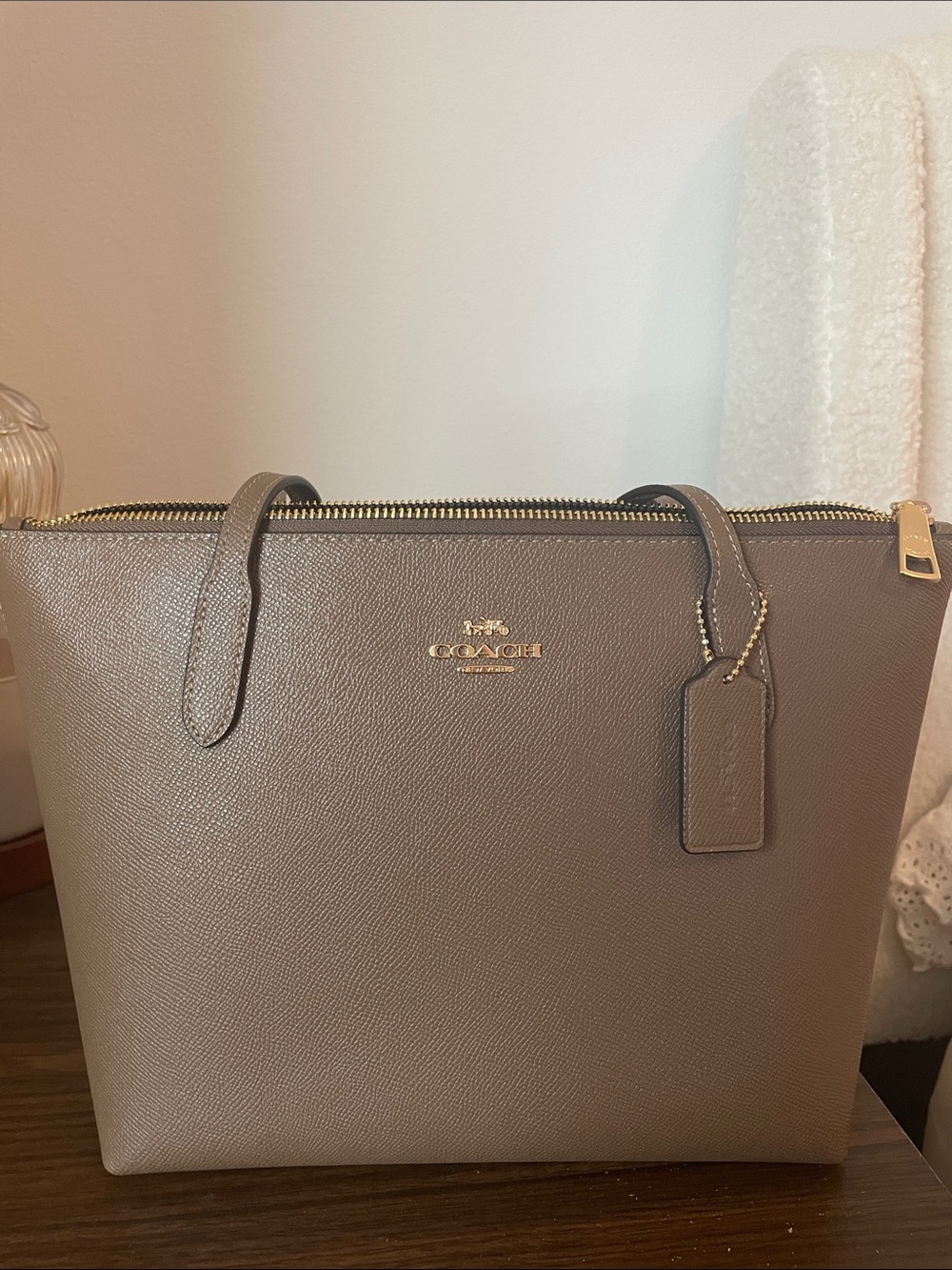 Coach Fiona Tote in dark stone with Gold Hardware EUC